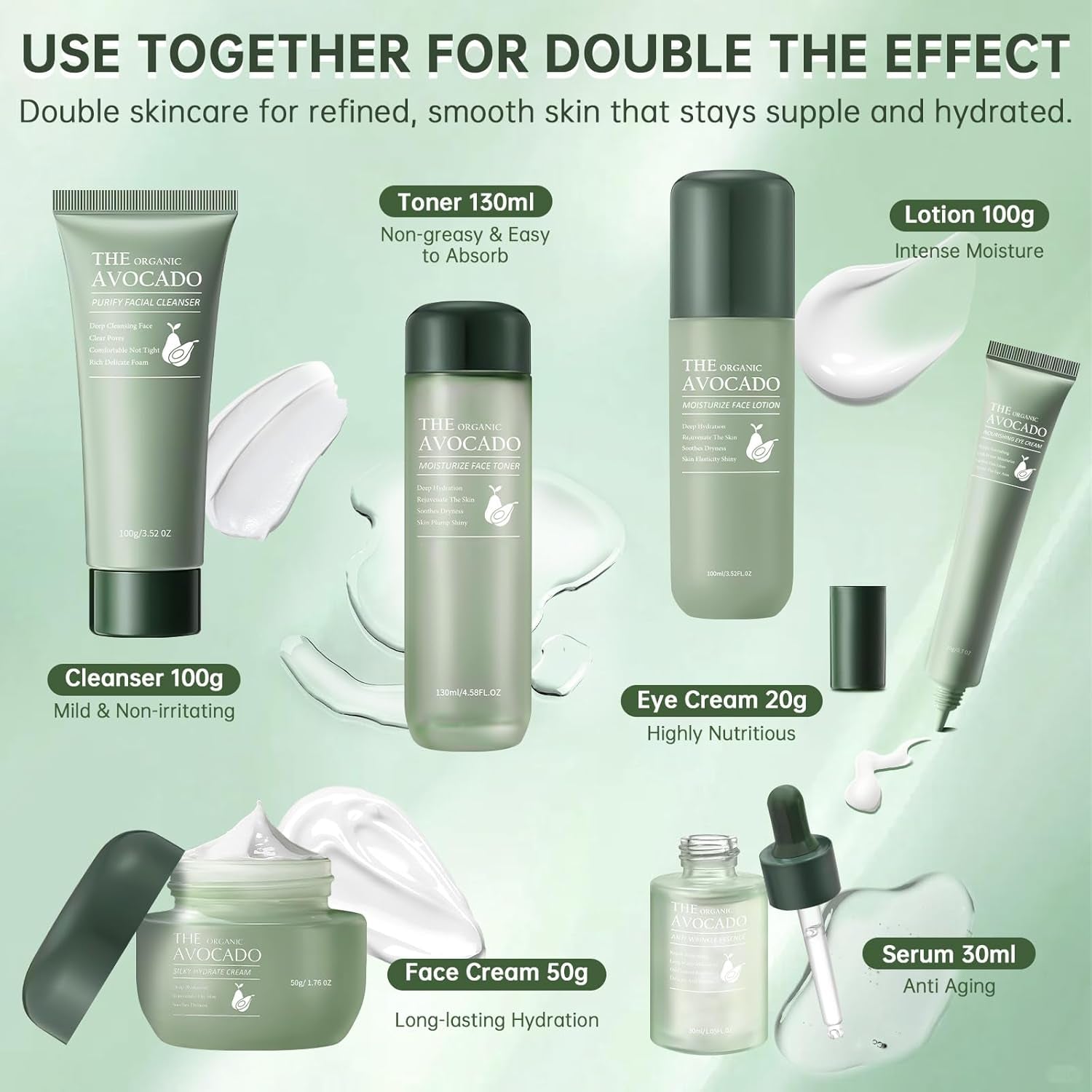 Avocado Skin Care Set, Skincare Gifts Kits for Hydrating Skin, anti Aging Facial Kit for Women with Facial Cleanser, Toner, Face Serum, Lotion, Face Cream, Eye Cream. (6 Pieces)